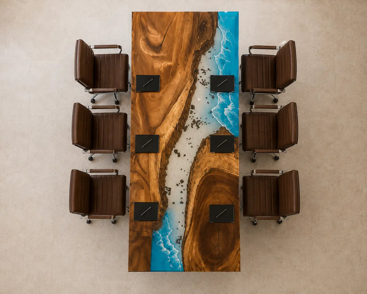 ECTFC20 Coastal Briefing Ocean Blue with White Wave Epoxy Walnut Conference Table featuring handcrafted walnut wood and ocean blue with white wave resin-4