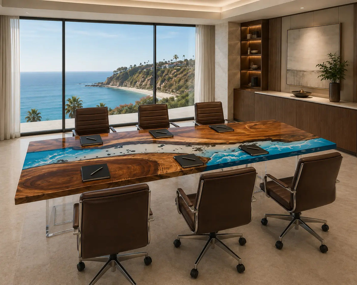 ECTFC20 Coastal Briefing Ocean Blue with White Wave Epoxy Walnut Conference Table featuring handcrafted walnut wood and ocean blue with white wave resin-5