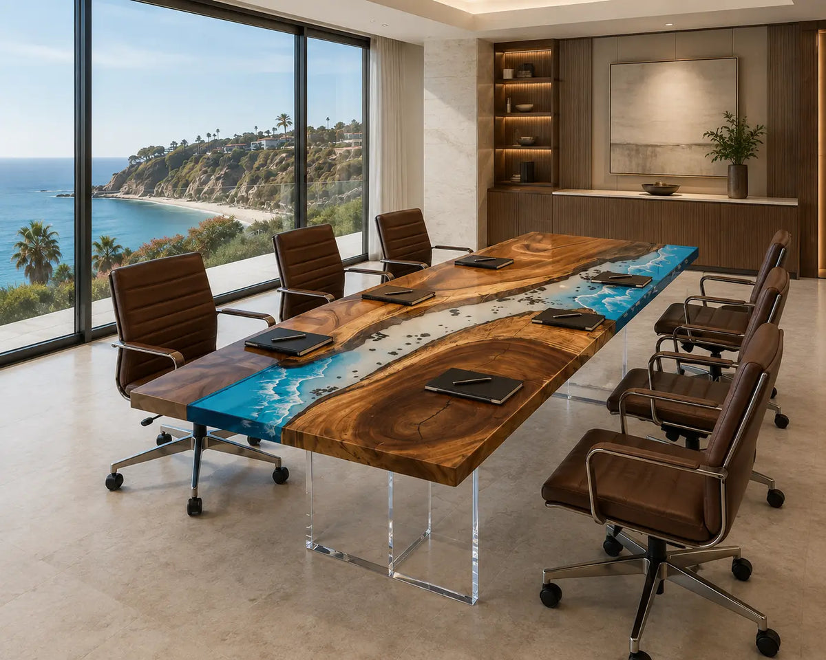ECTFC20 Coastal Briefing Ocean Blue with White Wave Epoxy Walnut Conference Table featuring handcrafted walnut wood and ocean blue with white wave resin