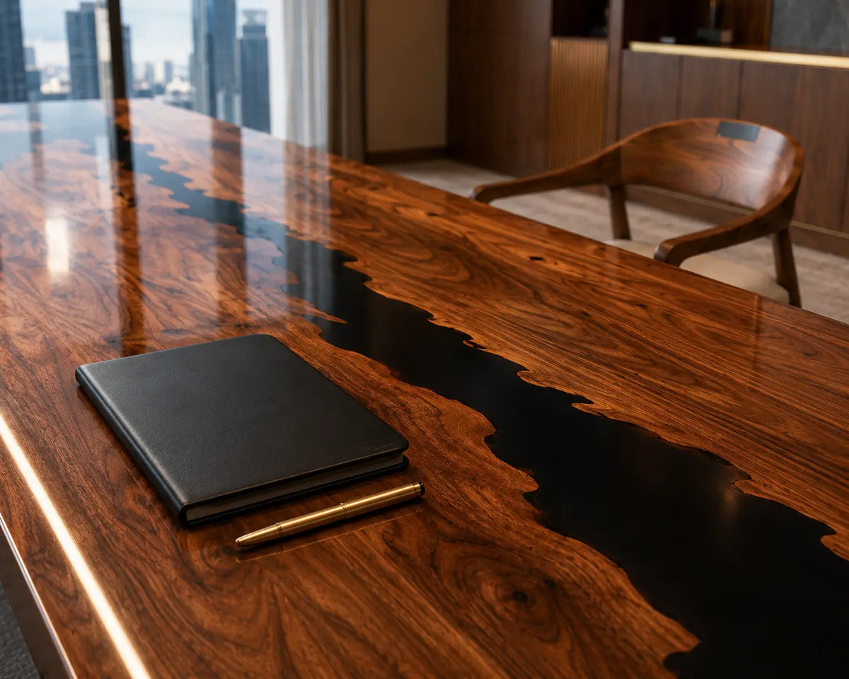 ECTFC21 Grand Council Black Epoxy Walnut Conference Table featuring handcrafted walnut wood and black resin-2