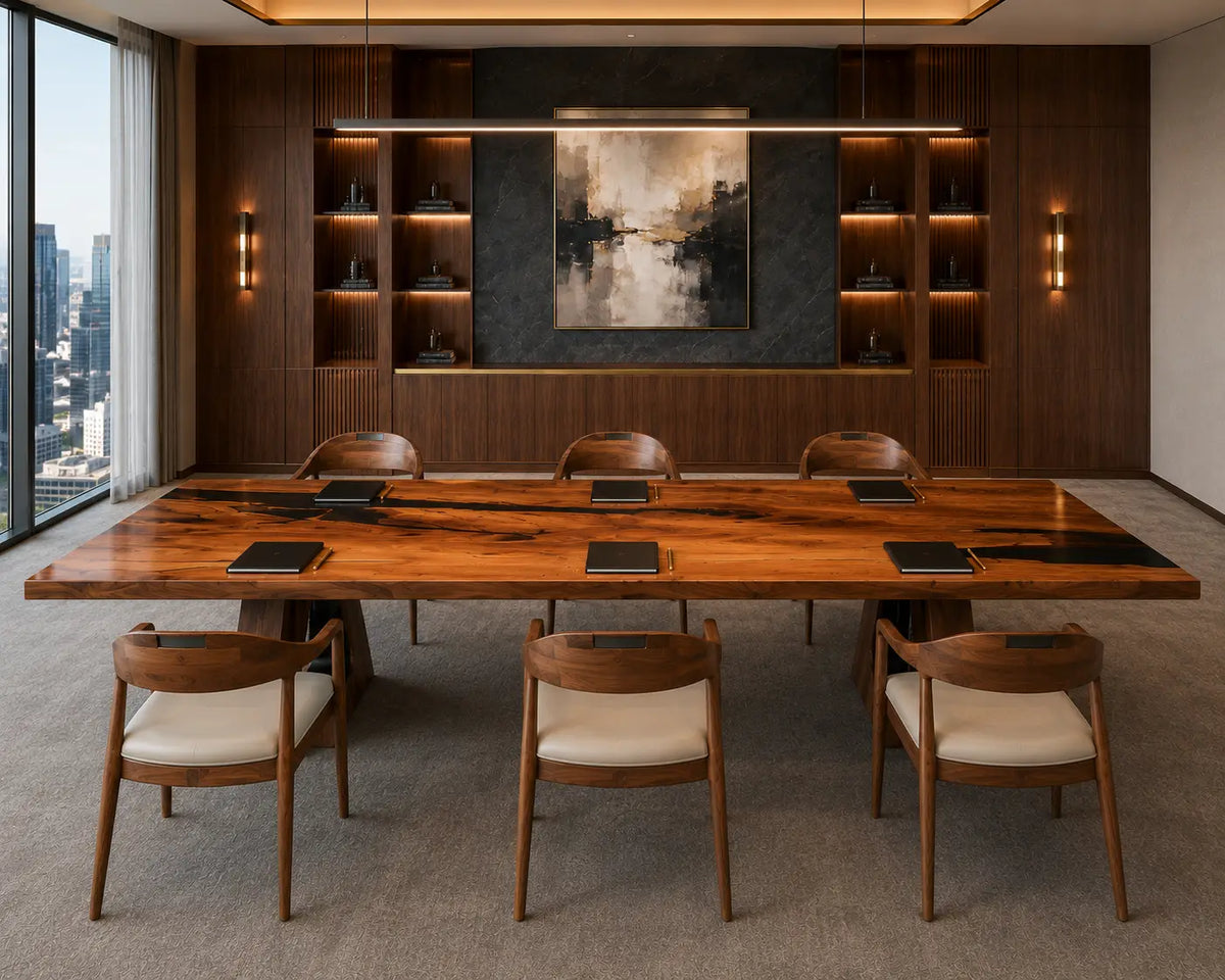 ECTFC21 Grand Council Black Epoxy Walnut Conference Table featuring handcrafted walnut wood and black resin-5