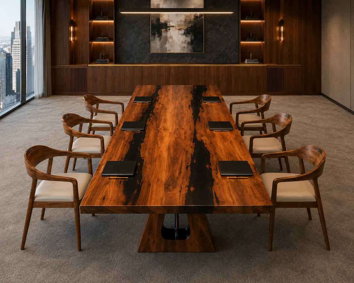 ECTFC21 Grand Council Black Epoxy Walnut Conference Table featuring handcrafted walnut wood and black resin-6