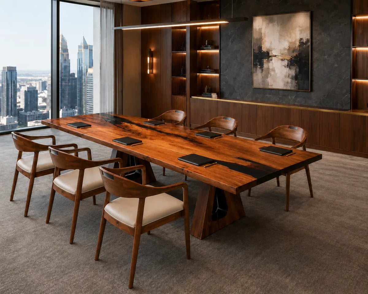 ECTFC21 Grand Council Black Epoxy Walnut Conference Table featuring handcrafted walnut wood and black resin