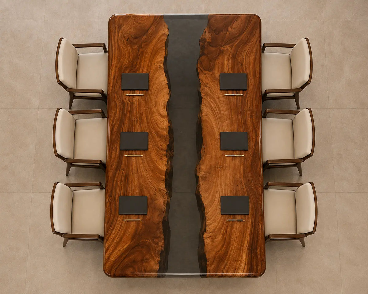 ECTFC22 Central Passage Smoky Black Epoxy Walnut Conference Table featuring handcrafted walnut wood and smoky black resin-3