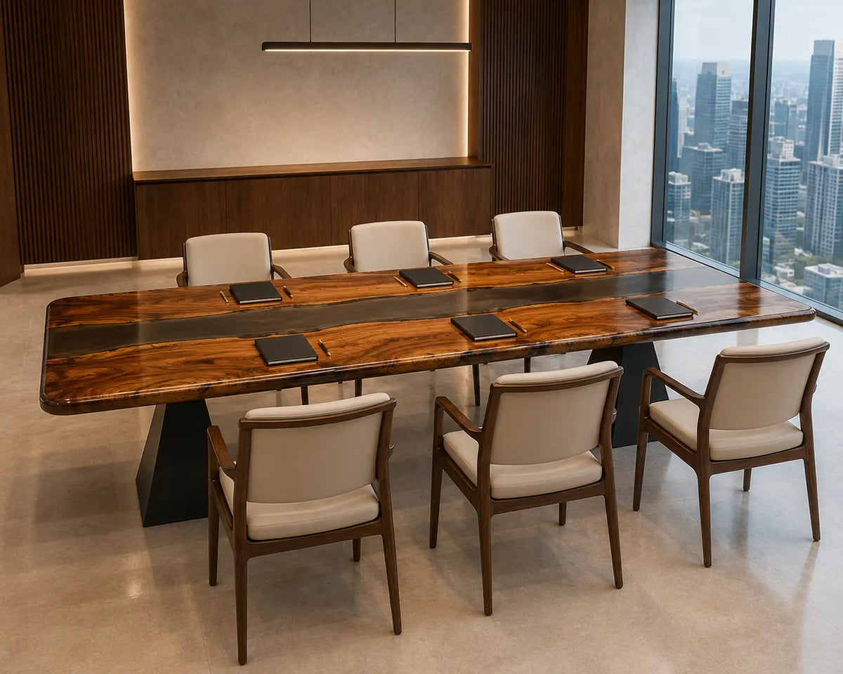 ECTFC22 Central Passage Smoky Black Epoxy Walnut Conference Table featuring handcrafted walnut wood and smoky black resin-4