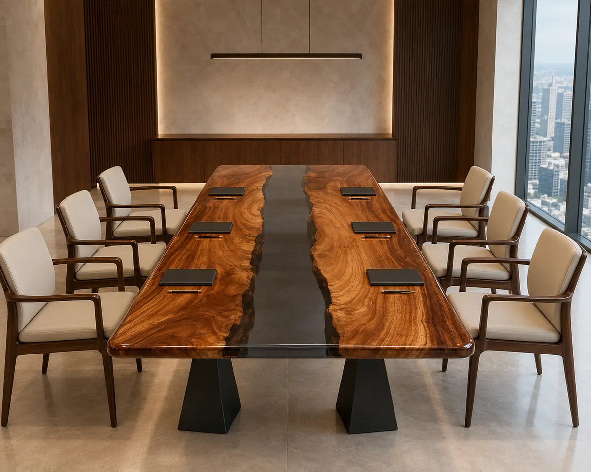 ECTFC22 Central Passage Smoky Black Epoxy Walnut Conference Table featuring handcrafted walnut wood and smoky black resin
