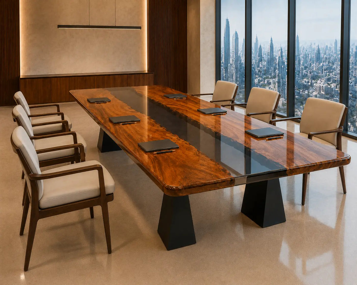 ECTFC22 Central Passage Smoky Black Epoxy Walnut Conference Table featuring handcrafted walnut wood and smoky black resin-5