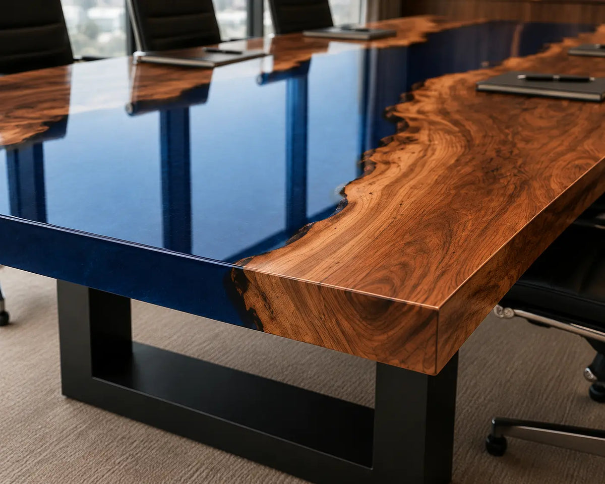 ECTFC23 Deep Current Deep Blue Epoxy Walnut Conference Table featuring handcrafted walnut wood and deep blue resin-1