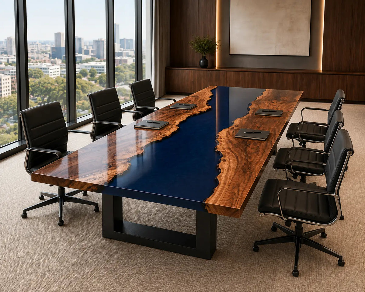 ECTFC23 Deep Current Deep Blue Epoxy Walnut Conference Table featuring handcrafted walnut wood and deep blue resin-3