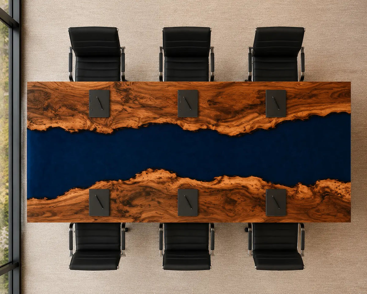 ECTFC23 Deep Current Deep Blue Epoxy Walnut Conference Table featuring handcrafted walnut wood and deep blue resin4