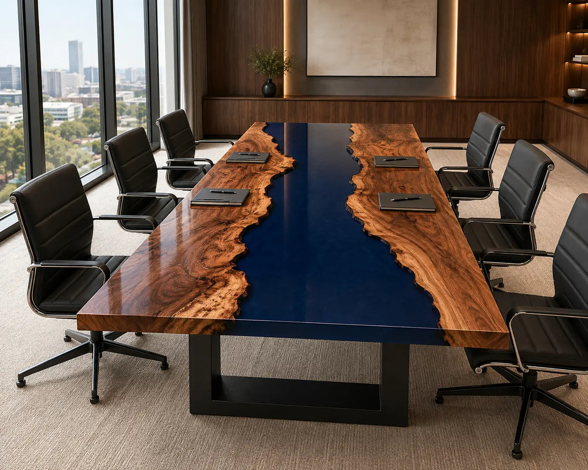 ECTFC23 Deep Current Deep Blue Epoxy Walnut Conference Table featuring handcrafted walnut wood and deep blue resin
