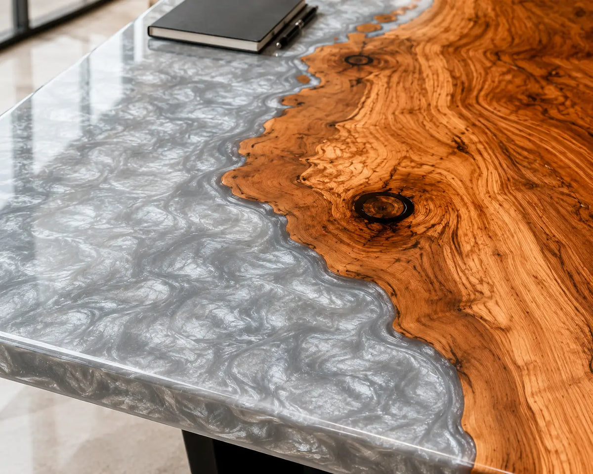 ECTFC24 Silver Assembly Silver Gray Epoxy Walnut Conference Table featuring handcrafted walnut wood and silver gray resin-1