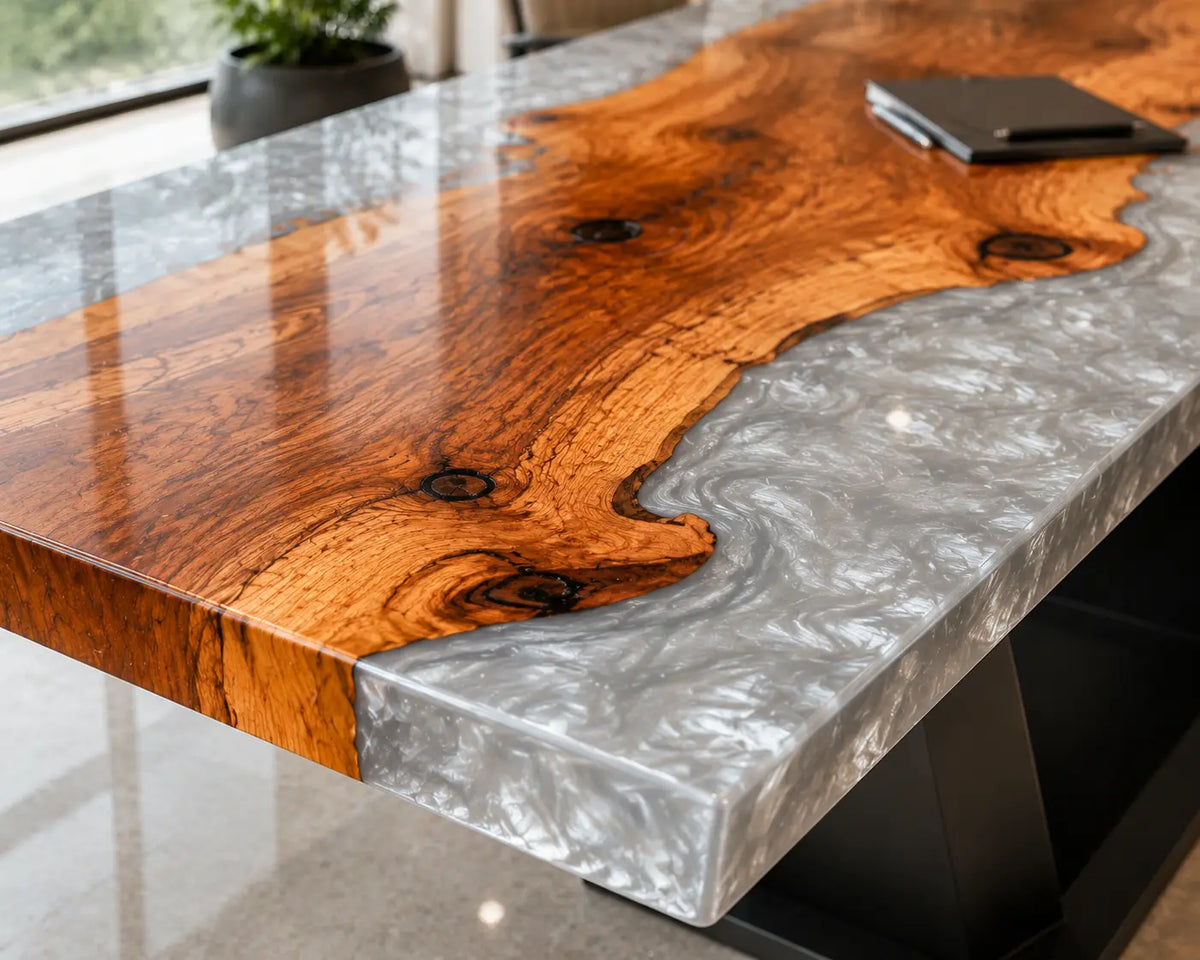 ECTFC24 Silver Assembly Silver Gray Epoxy Walnut Conference Table featuring handcrafted walnut wood and silver gray resin-2