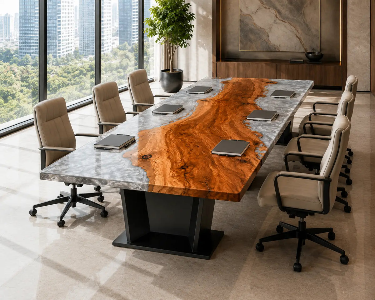 ECTFC24 Silver Assembly Silver Gray Epoxy Walnut Conference Table featuring handcrafted walnut wood and silver gray resin-3