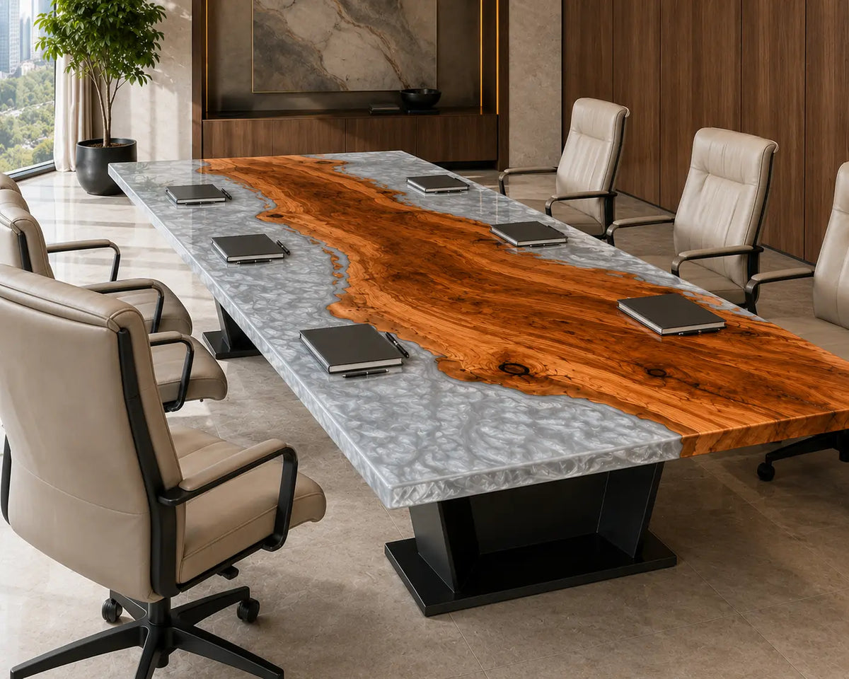 ECTFC24 Silver Assembly Silver Gray Epoxy Walnut Conference Table featuring handcrafted walnut wood and silver gray resin-4