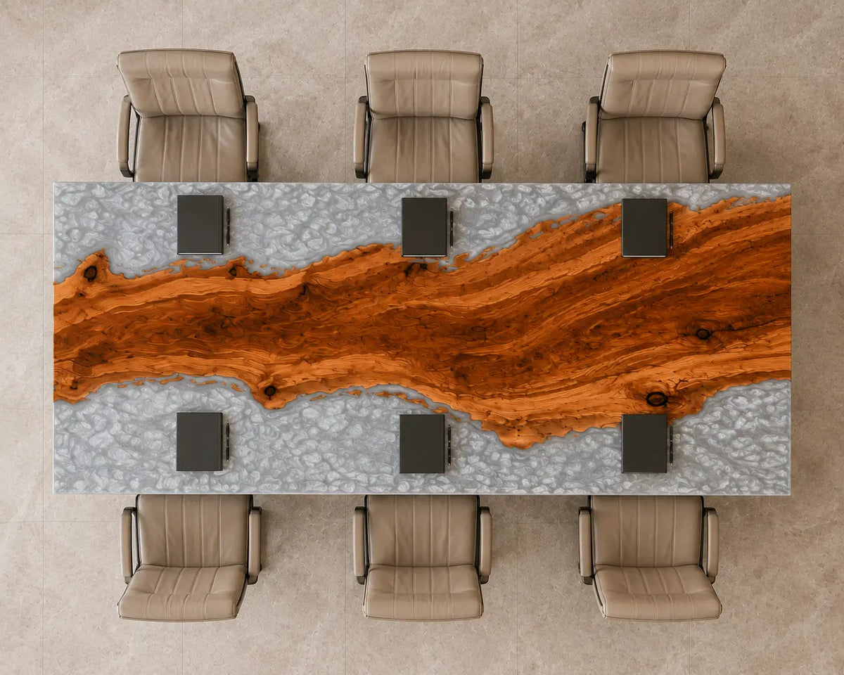 ECTFC24 Silver Assembly Silver Gray Epoxy Walnut Conference Table featuring handcrafted walnut wood and silver gray resin-5
