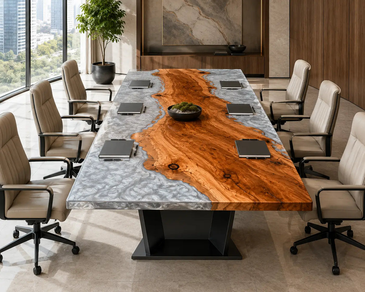 ECTFC24 Silver Assembly Silver Gray Epoxy Walnut Conference Table featuring handcrafted walnut wood and silver gray resin