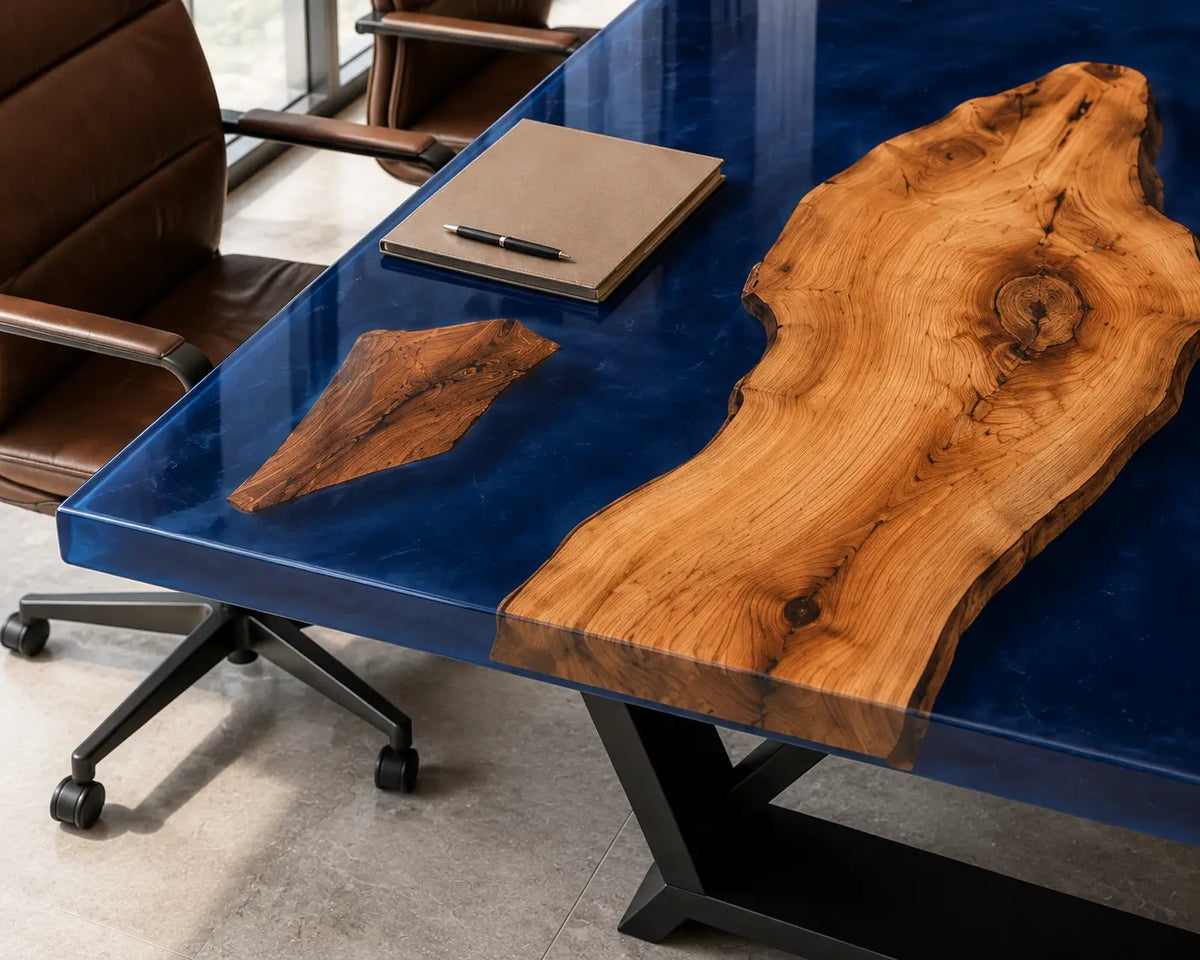 ECTFC25 Island Forum Deep Blue Epoxy Walnut Conference Table featuring handcrafted walnut wood and deep blue resin-1