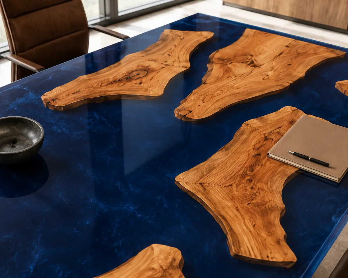 ECTFC25 Island Forum Deep Blue Epoxy Walnut Conference Table featuring handcrafted walnut wood and deep blue resin-2