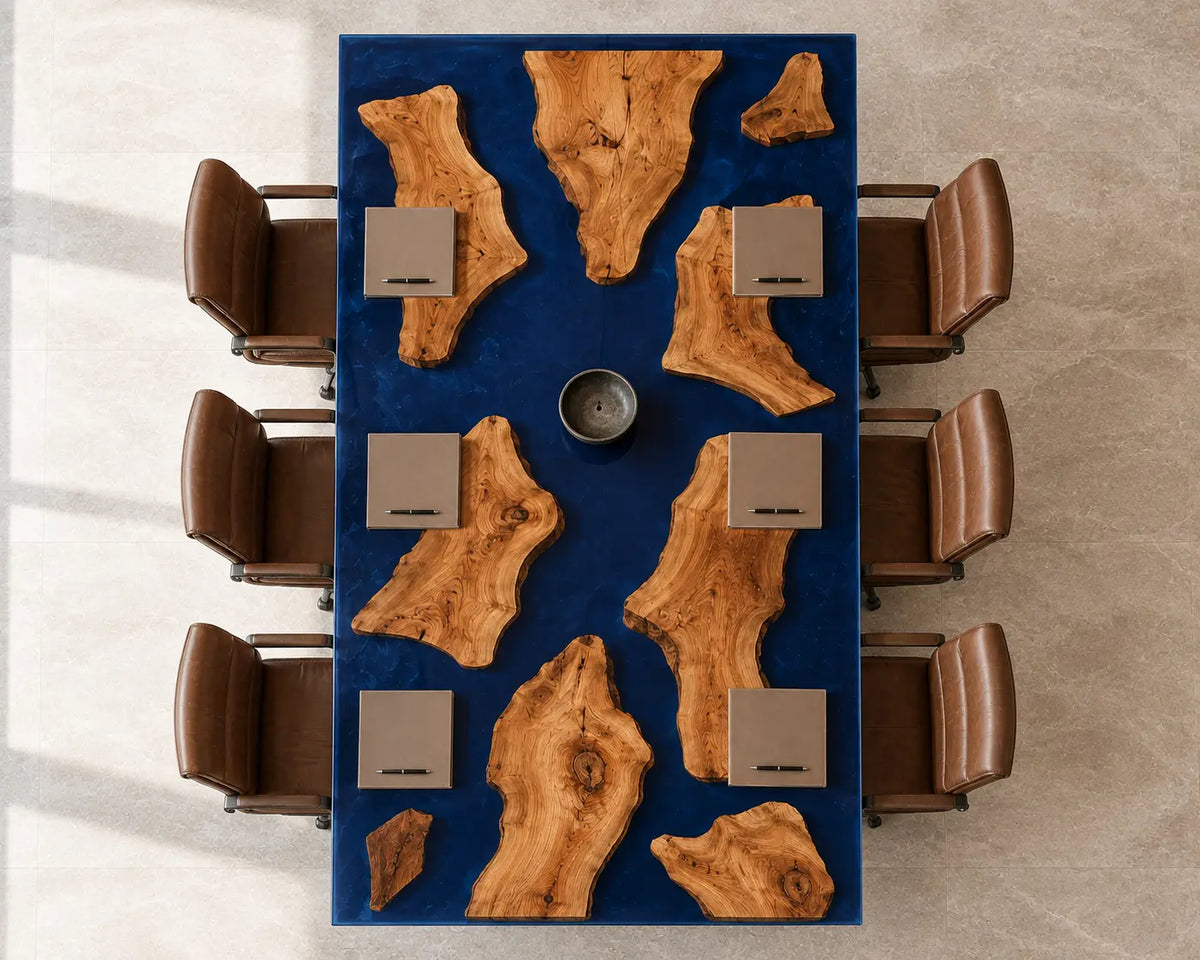 ECTFC25 Island Forum Deep Blue Epoxy Walnut Conference Table featuring handcrafted walnut wood and deep blue resin-3