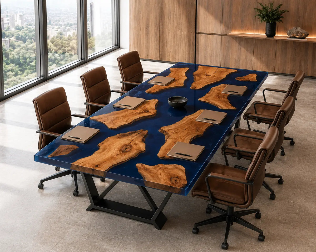 ECTFC25 Island Forum Deep Blue Epoxy Walnut Conference Table featuring handcrafted walnut wood and deep blue resin-4