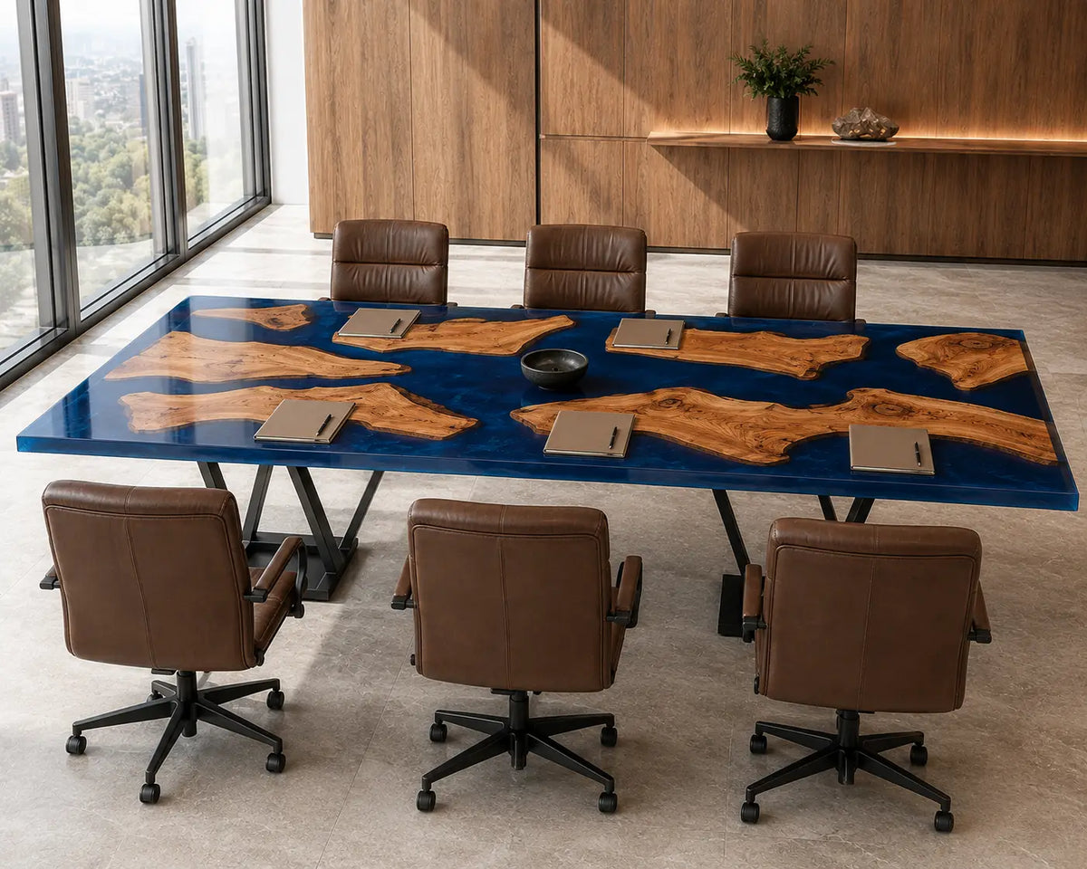 ECTFC25 Island Forum Deep Blue Epoxy Walnut Conference Table featuring handcrafted walnut wood and deep blue resin-5