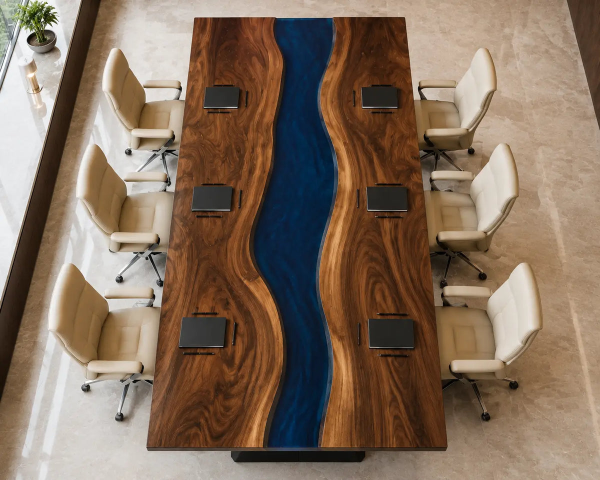 ECTFC26 River Archipelago Deep Blue Epoxy Walnut Conference Table featuring handcrafted walnut wood and deep blue resin-4