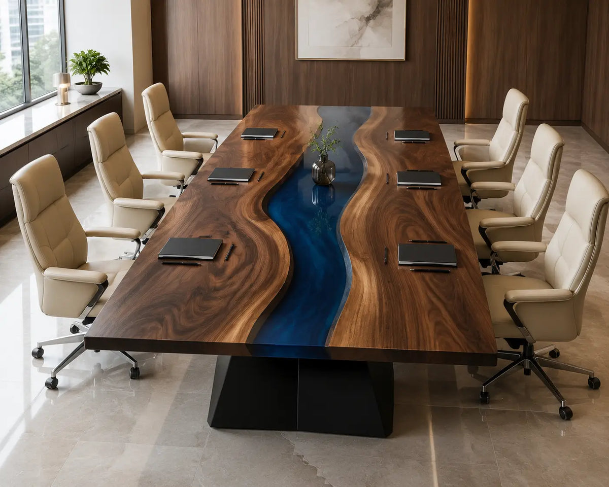 ECTFC26 River Archipelago Deep Blue Epoxy Walnut Conference Table featuring handcrafted walnut wood and deep blue resin