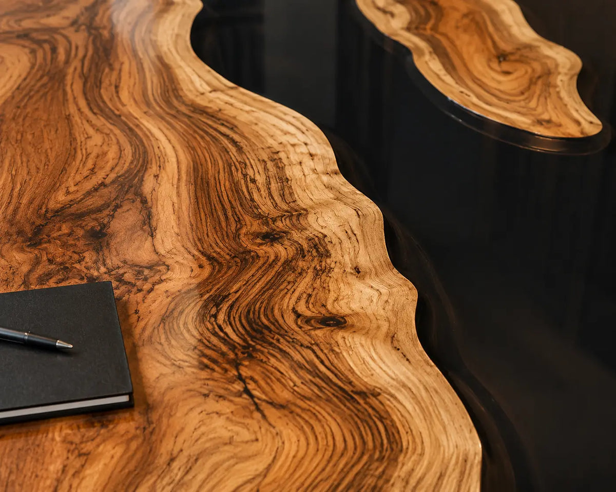 ECTFC27 Executive Channel Black Epoxy Walnut Conference Table featuring handcrafted walnut wood and black resin