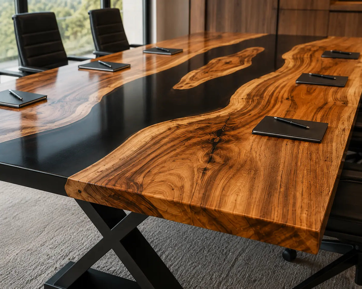 ECTFC27 Executive Channel Black Epoxy Walnut Conference Table featuring handcrafted walnut wood and black resin