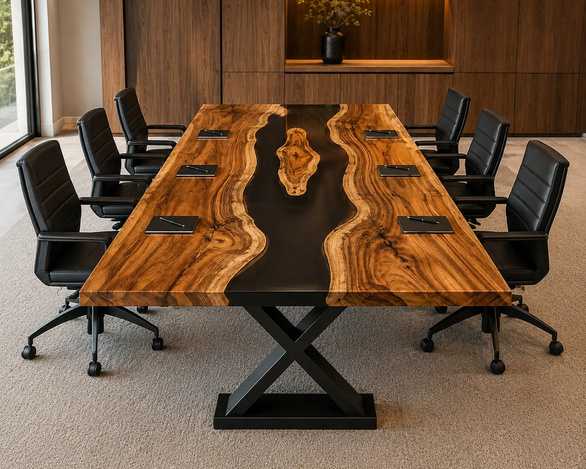 ECTFC27 Executive Channel Black Epoxy Walnut Conference Table featuring handcrafted walnut wood and black resin