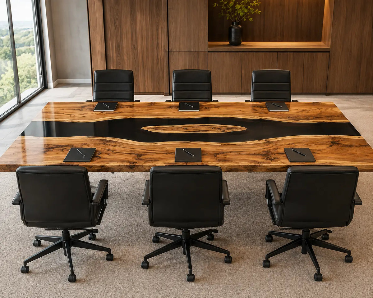 ECTFC27 Executive Channel Black Epoxy Walnut Conference Table featuring handcrafted walnut wood and black resin-5
