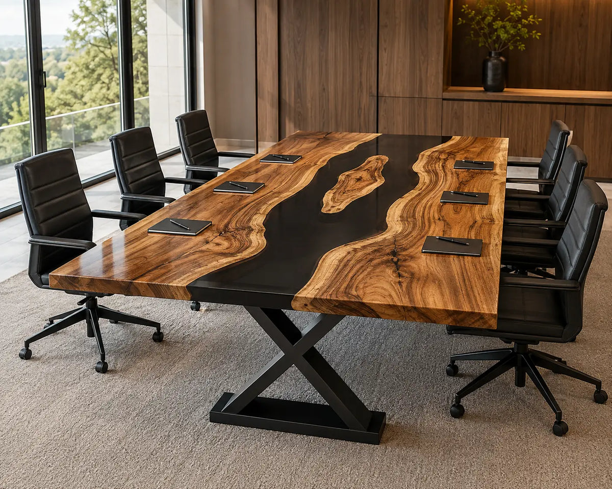 ECTFC27 Executive Channel Black Epoxy Walnut Conference Table featuring handcrafted walnut wood and black resin