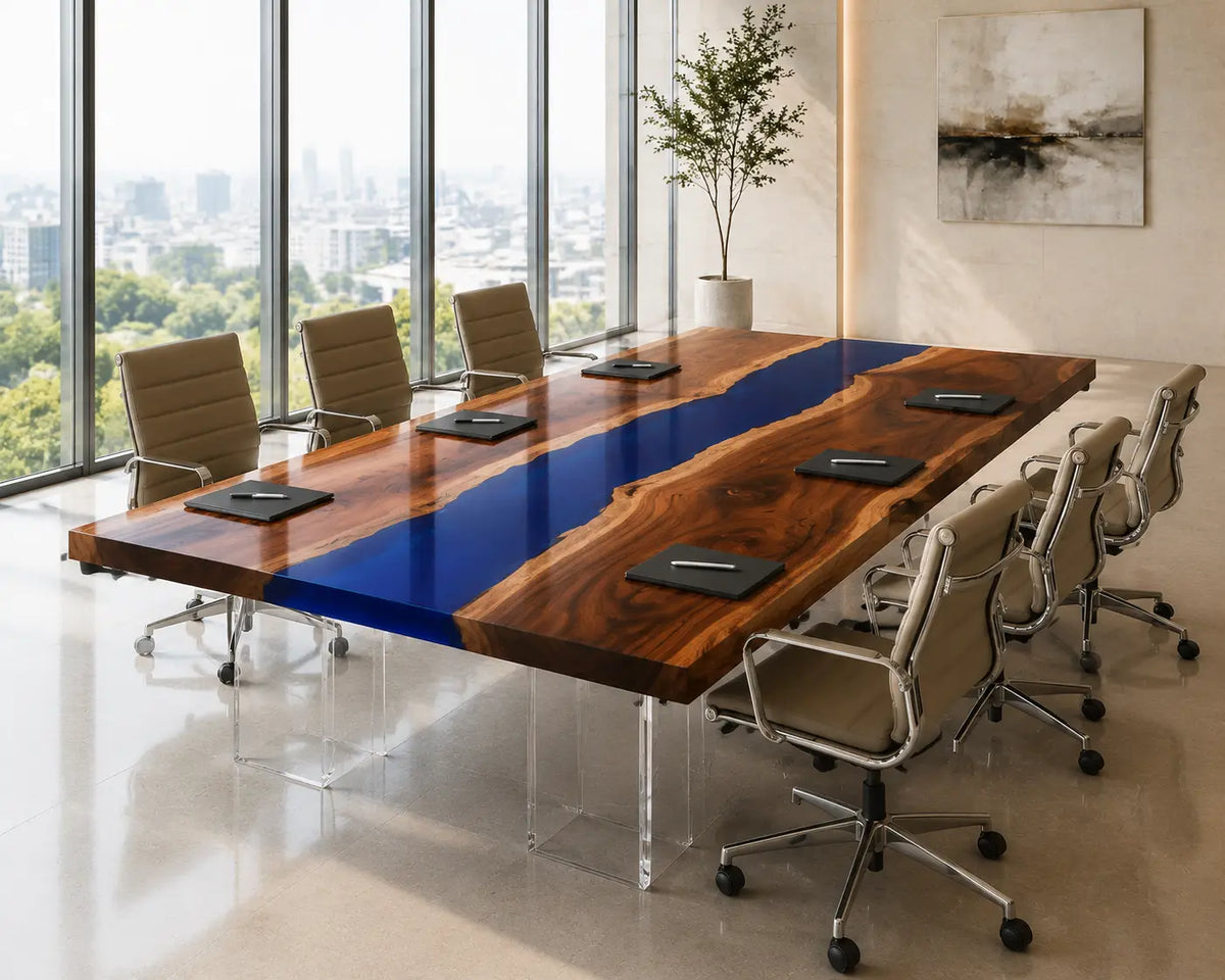 ECTFC28 Boardroom Current Cobalt Blue Epoxy Walnut Conference Table featuring handcrafted walnut wood and cobalt blue resin-5