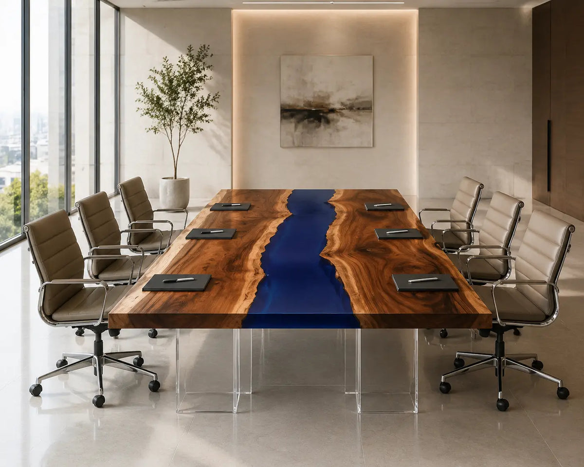 ECTFC28 Boardroom Current Cobalt Blue Epoxy Walnut Conference Table featuring handcrafted walnut wood and cobalt blue resin