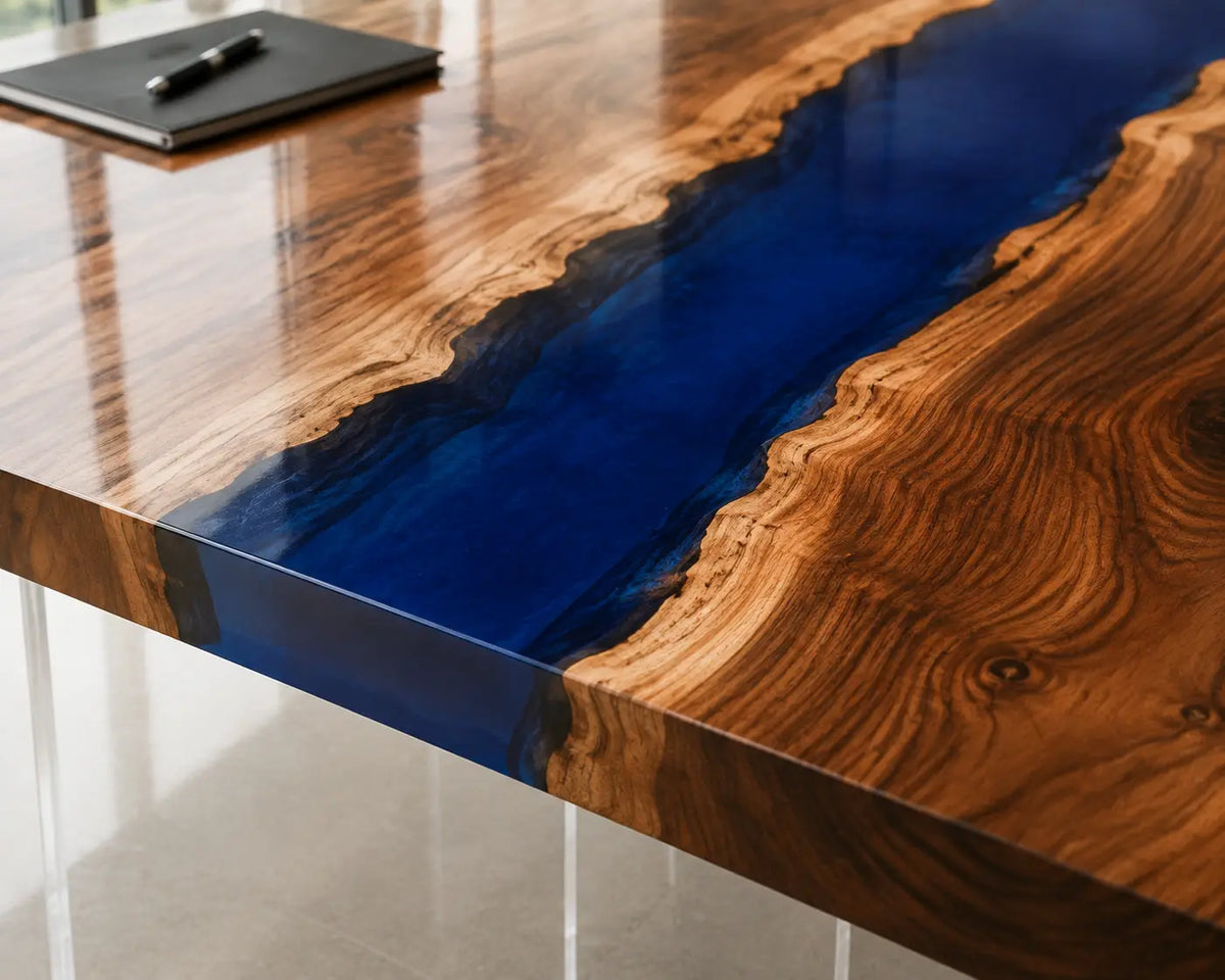 ECTFC28 Boardroom Current Cobalt Blue Epoxy Walnut Conference Table featuring handcrafted walnut wood and cobalt blue resin-1