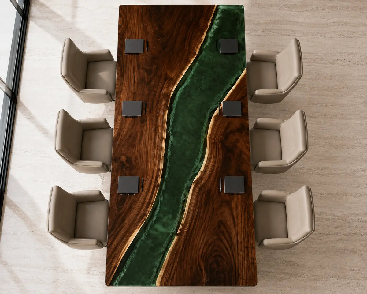 ECTFC29 Verdant Strategy Emerald Green Epoxy Walnut Conference Table featuring handcrafted walnut wood and emerald green resin-4