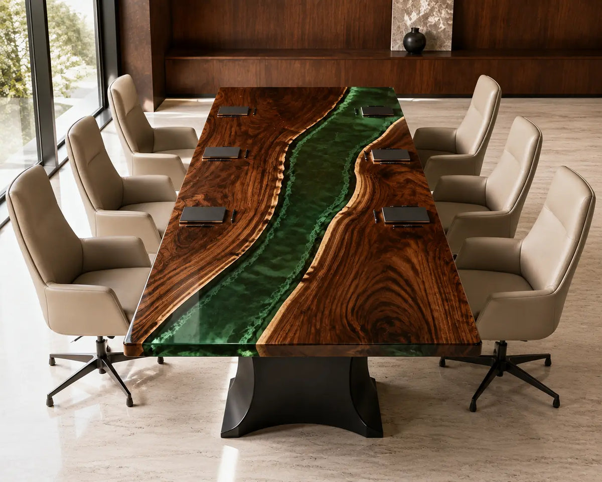 ECTFC29 Verdant Strategy Emerald Green Epoxy Walnut Conference Table featuring handcrafted walnut wood and emerald green resin