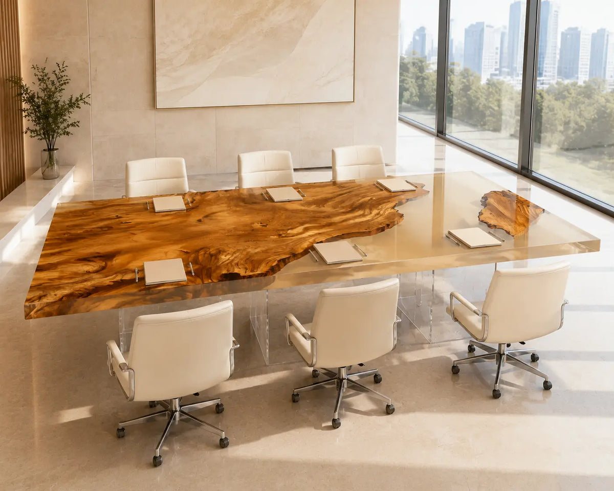 ECTFC30 Amber Council Golden Amber Epoxy Walnut Conference Table featuring handcrafted walnut wood and golden amber resin-3