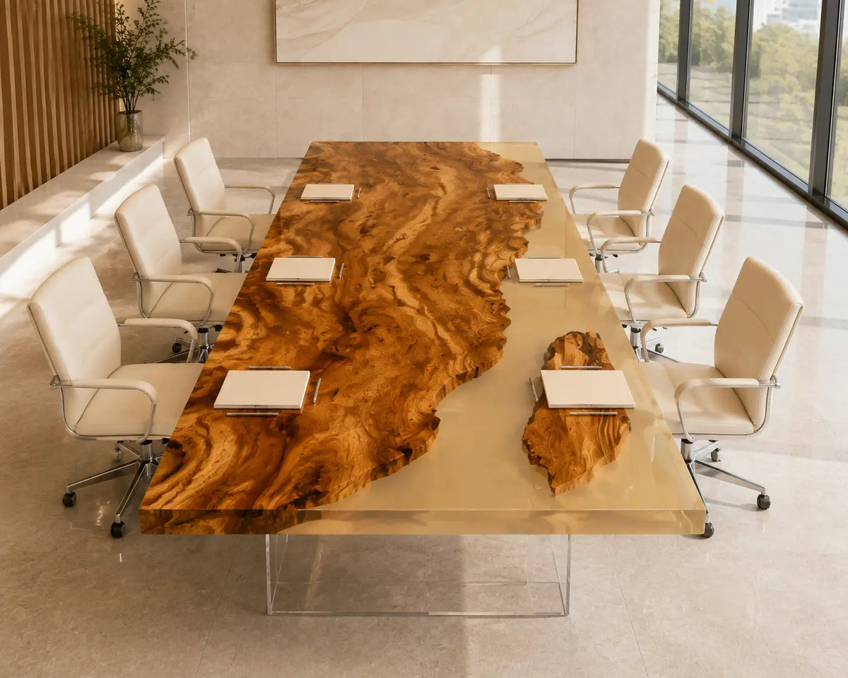 ECTFC30 Amber Council Golden Amber Epoxy Walnut Conference Table featuring handcrafted walnut wood and golden amber resin-4