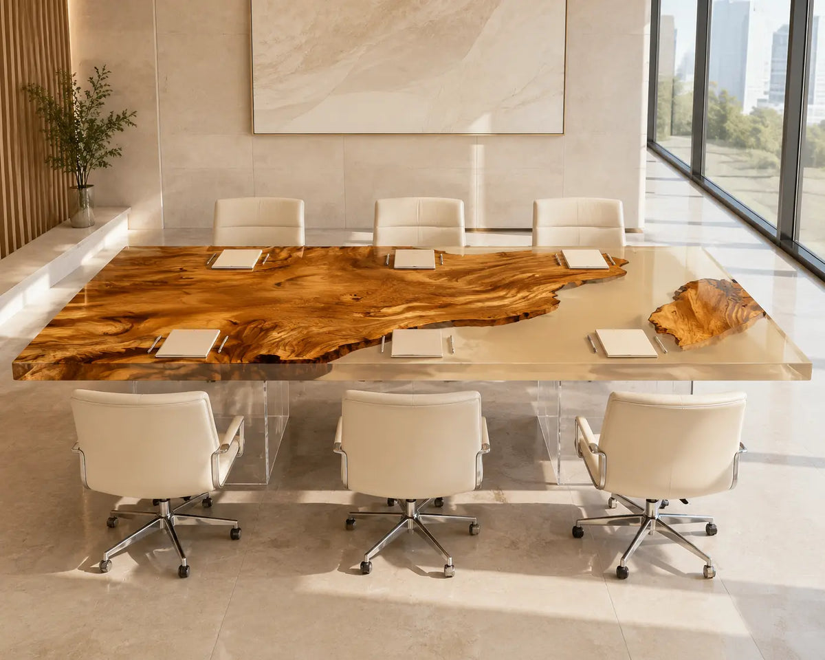 ECTFC30 Amber Council Golden Amber Epoxy Walnut Conference Table featuring handcrafted walnut wood and golden amber resin