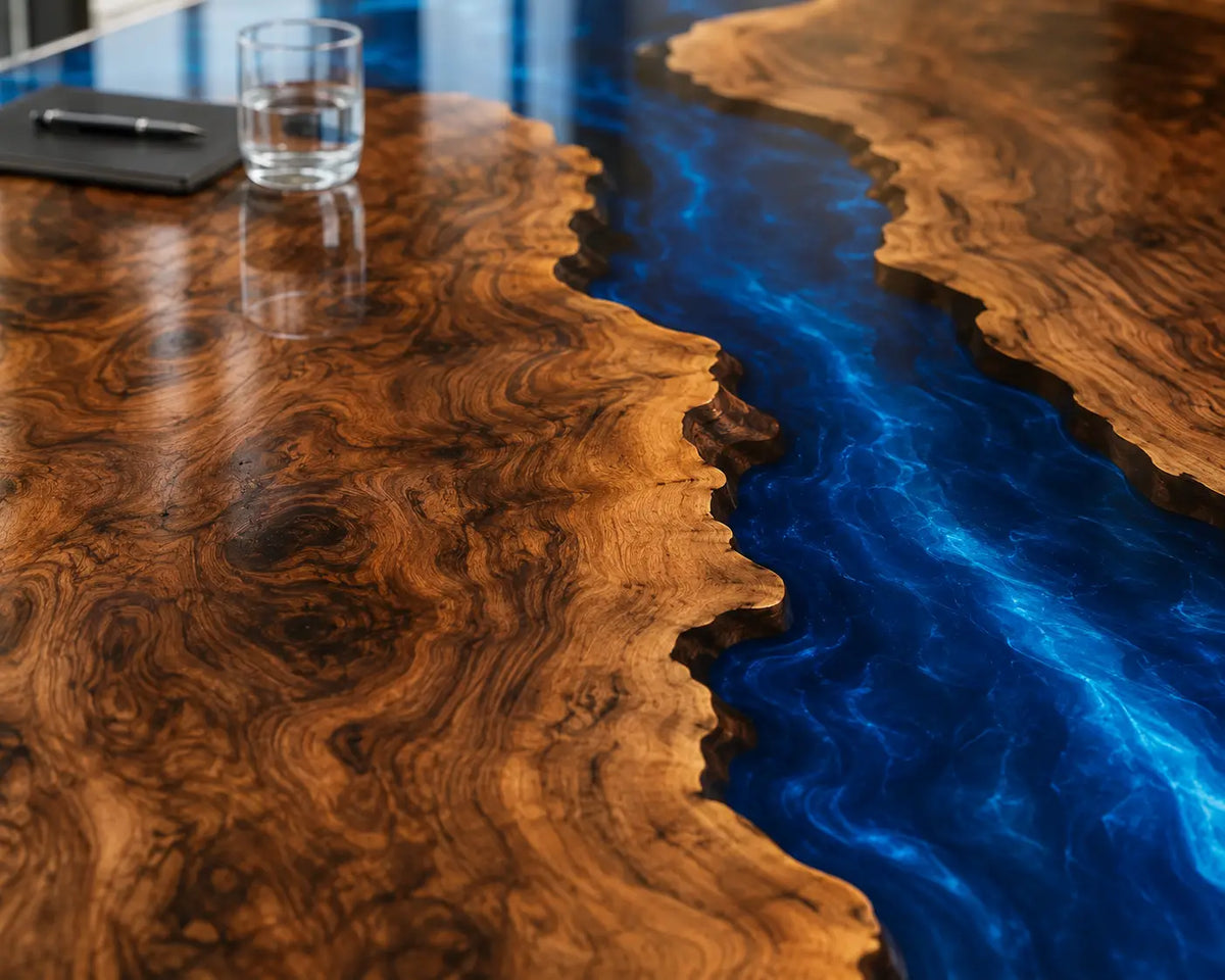 ECTFC31 Branching Forum Cobalt Blue Epoxy Walnut Conference Table featuring handcrafted walnut wood and cobalt blue resin-1