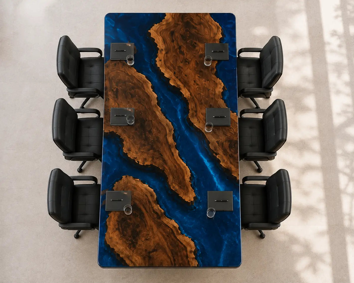 ECTFC31 Branching Forum Cobalt Blue Epoxy Walnut Conference Table featuring handcrafted walnut wood and cobalt blue resin-5