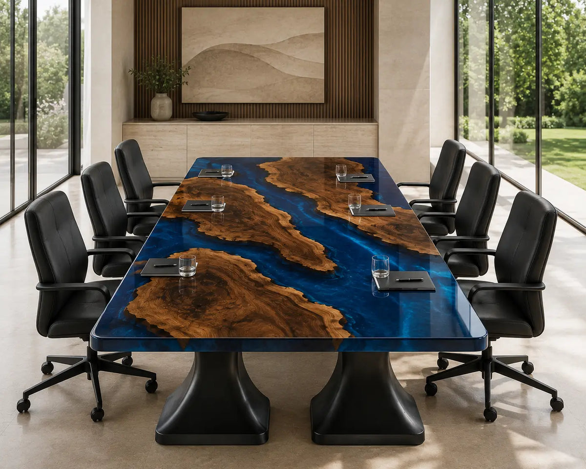 ECTFC31 Branching Forum Cobalt Blue Epoxy Walnut Conference Table featuring handcrafted walnut wood and cobalt blue resin