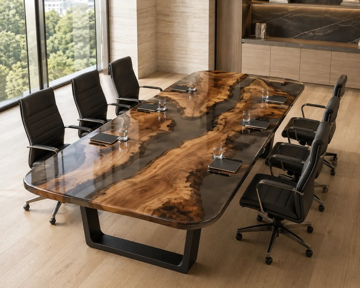 ECTFC32 Natural Divide Smoky Gray Epoxy Walnut Conference Table featuring handcrafted walnut wood and smoky gray resin