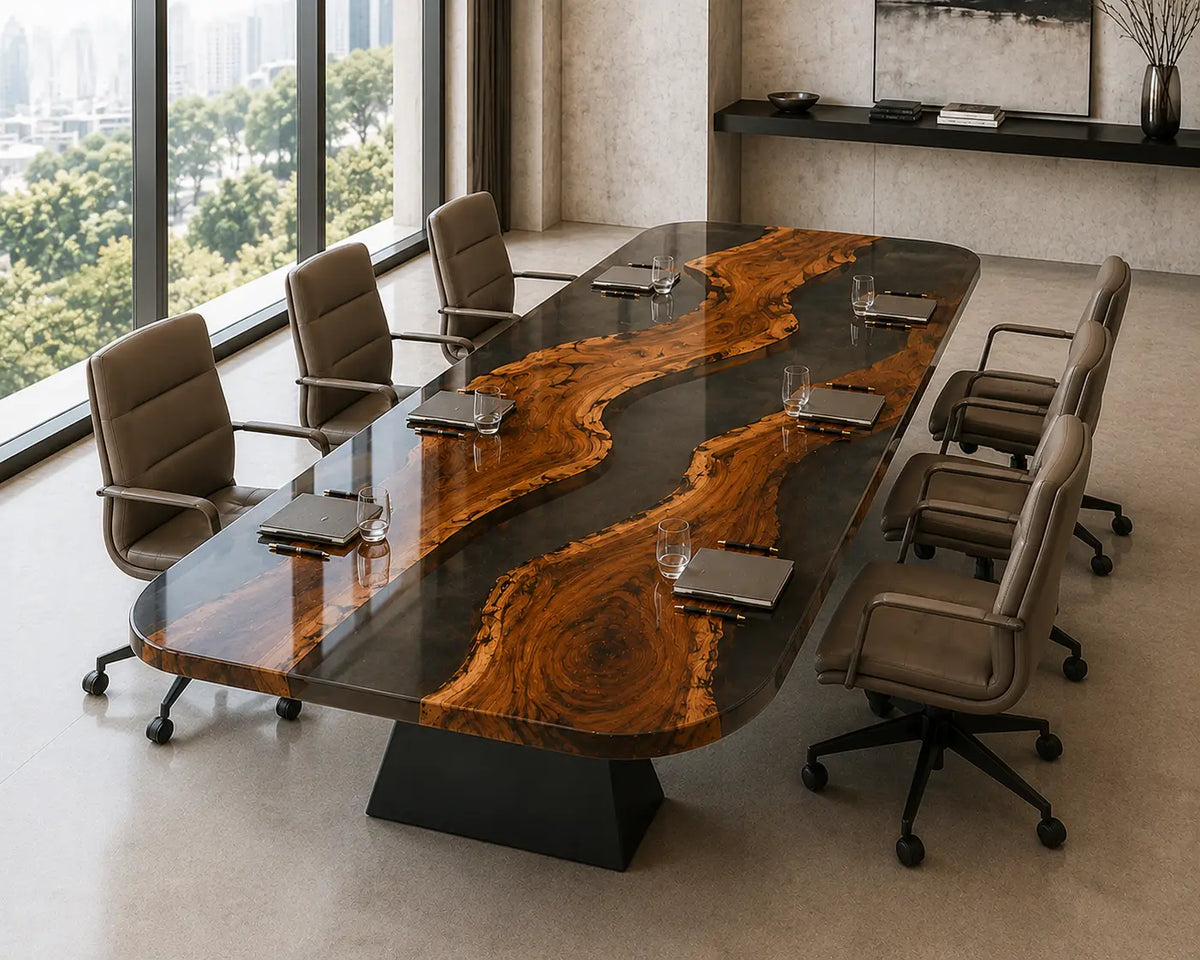 ECTFC33 Sculpted Assembly Smoky Gray Epoxy Walnut Conference Table featuring handcrafted walnut wood and smoky gray resin
