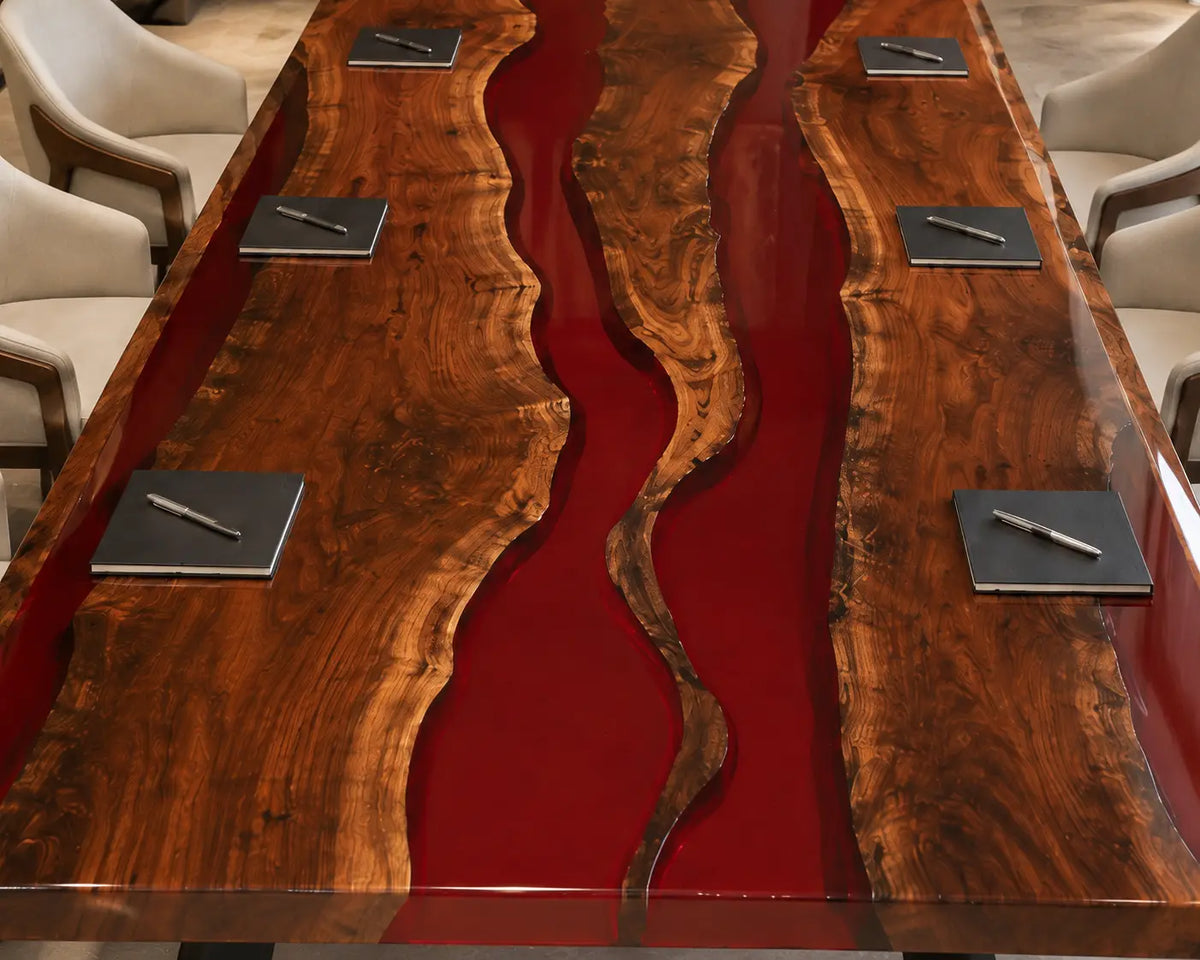 ECTFC34 Crimson Agenda Ruby Red Epoxy Walnut Conference Table featuring handcrafted walnut wood and ruby red resin-1
