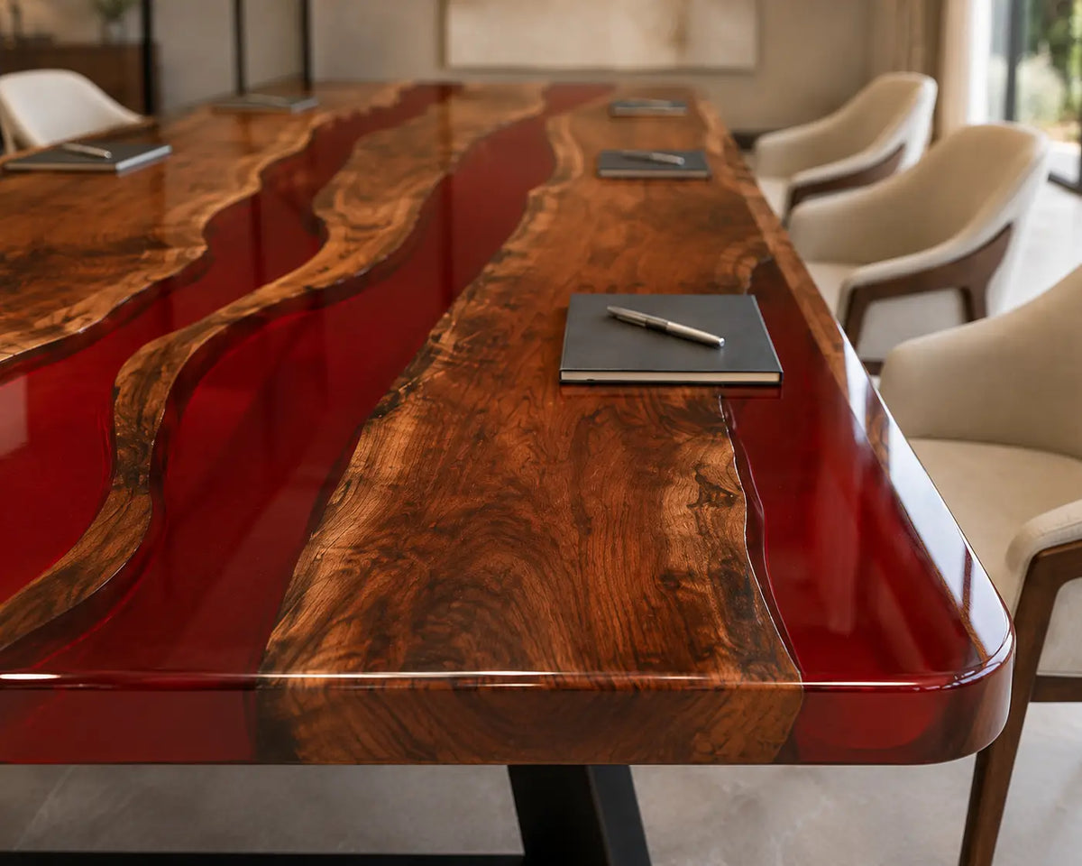 ECTFC34 Crimson Agenda Ruby Red Epoxy Walnut Conference Table featuring handcrafted walnut wood and ruby red resin-2