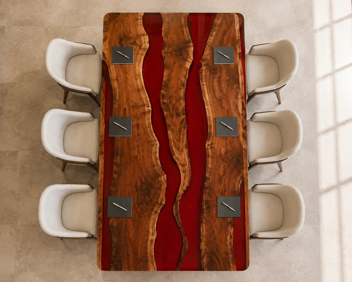 ECTFC34 Crimson Agenda Ruby Red Epoxy Walnut Conference Table featuring handcrafted walnut wood and ruby red resin-3