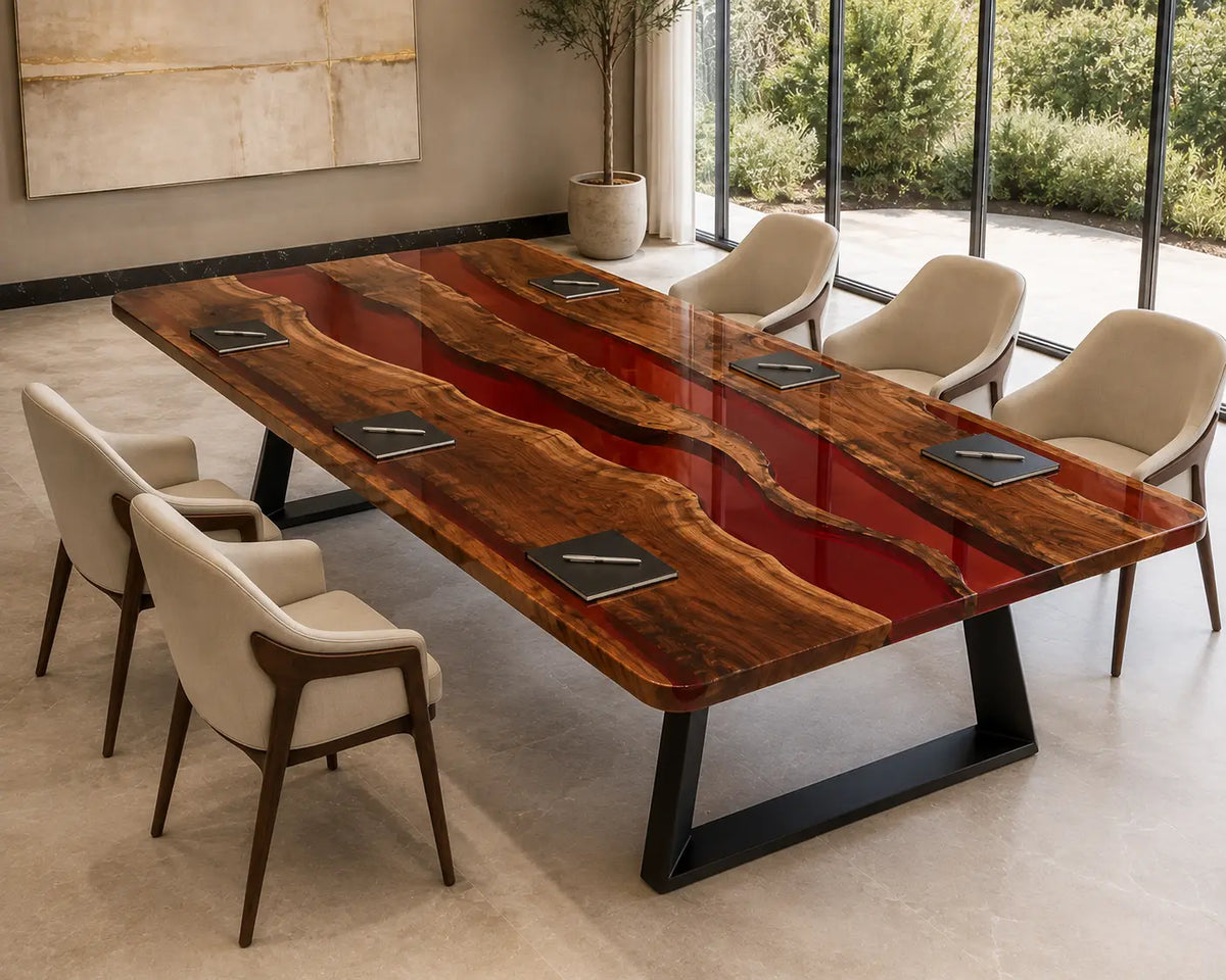 ECTFC34 Crimson Agenda Ruby Red Epoxy Walnut Conference Table featuring handcrafted walnut wood and ruby red resin-4